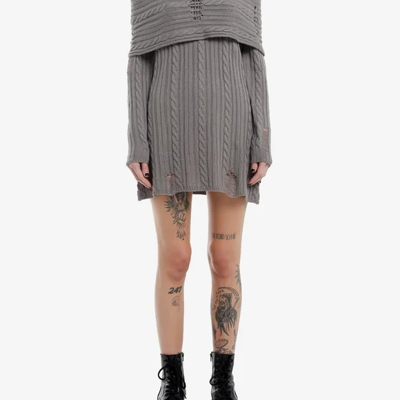 HT Social Collision Grey Cable Knit Destructed Cold-Shoulder Sweater Dress- XL - Picture 2 of 8